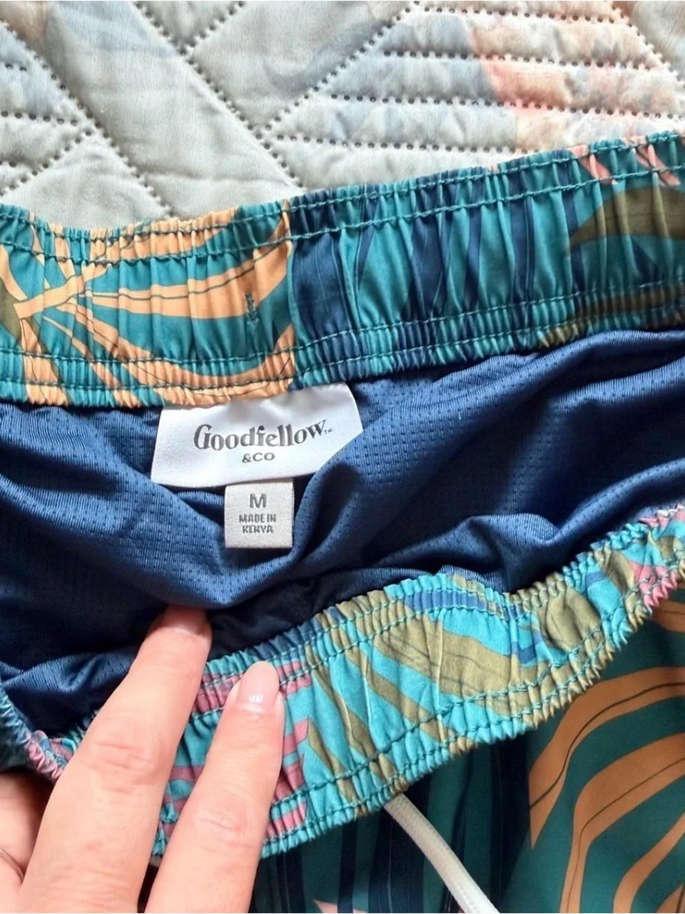 Goodfellow & Co Teal Tropical Palm Print Swim Trunks with Pink & Gold Accents